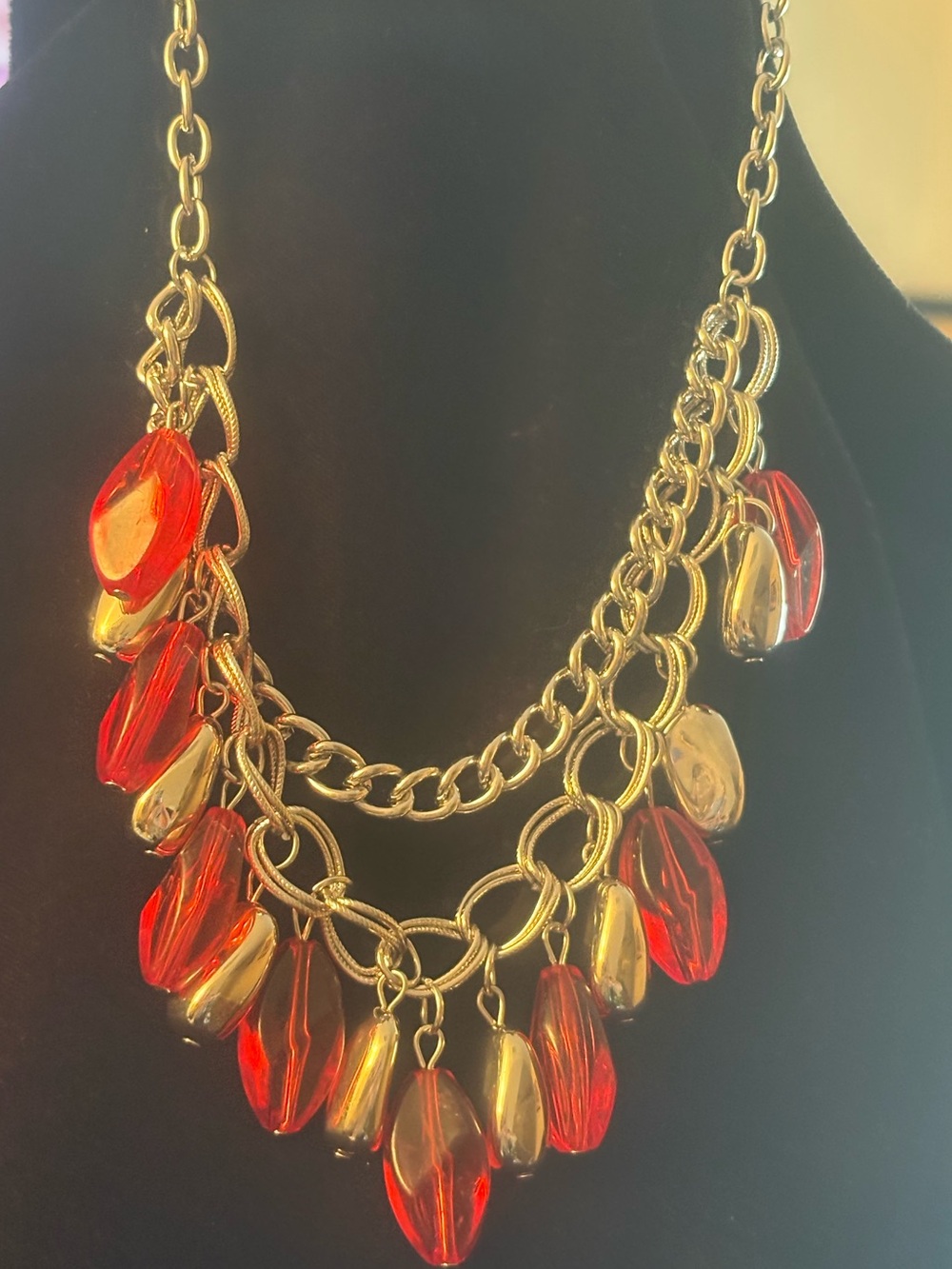 Silver tone Chain Necklace with Red and Silver Glass Drops - Women Jewelry